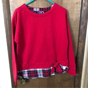 IZOD Woman’s LRG Tie Front 2-Fer Sweatshirt Tango Red Black Plaid Round Neck Top